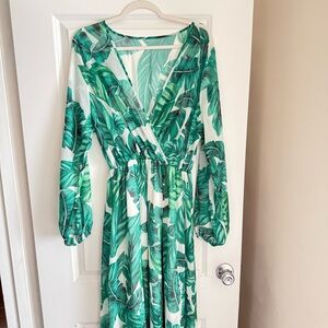 Green Leaf-Print Long Sleeve Wrap Dress - Women's